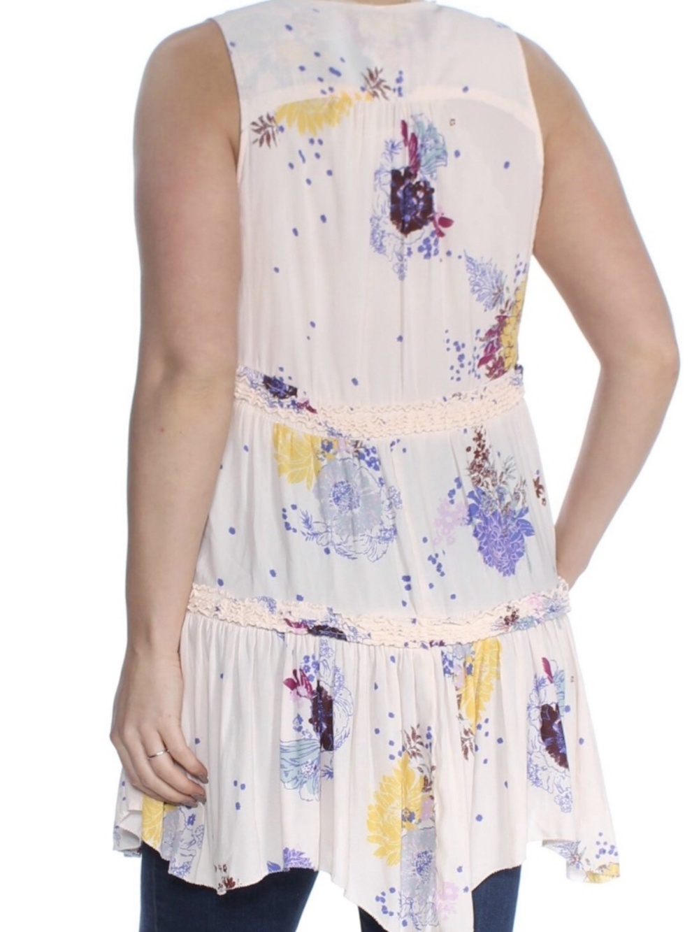 Free People Floral Cream Sleeveless Tiered Tunic Blouse Top - Size L - Picture 5 of 9